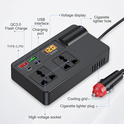 Inversor de carro 150W pico DC12V/24V a 110V/220V